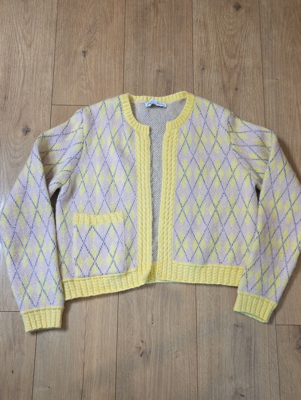 Zara Pastel Argyle Open Front Cardigan Metallic Thread Size M